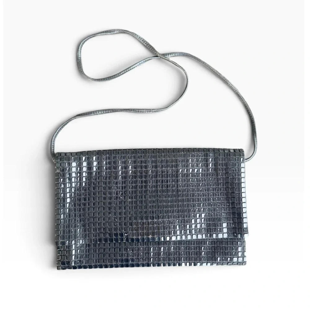 Vintage 80s Black Metal Mesh Envelope  Shoulder Evening Clutch Purse retro
